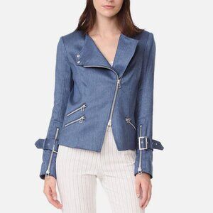 Veronica Beard Sienna Collarless Denim Moto Jacket 0 Linen Blend Jean Zip Up USA